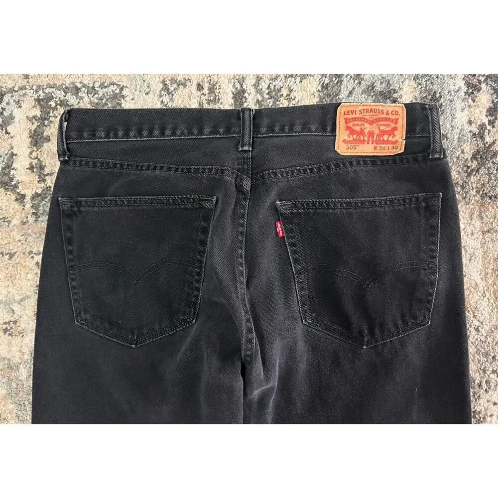 Levi's 505 Regular Fit Jeans Mens 36x30 Faded Black Straight Leg Denim